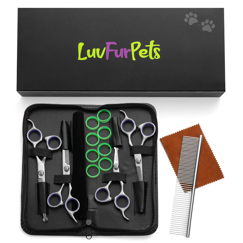 LuvFurPets Dog Grooming Scissors Kit with Safety Rounded Tips Pet Grooming Scissor Set for Dog's and Cat's with Purple and Green Comfort Rings Cat Grooming Kit - PawsPlanet Australia