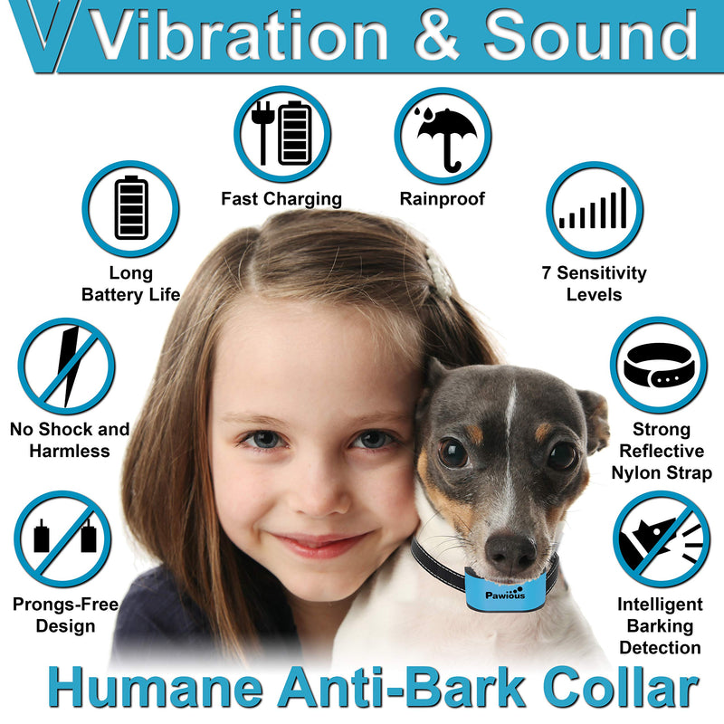 [Australia] - Pawious Bark Collar for Dogs - Humane No Shock, Rechargeable Anti Barking Collar, No Harmful Prongs, Sound and Vibration, 7 Sensitivity Levels - for Small and Medium Dogs 