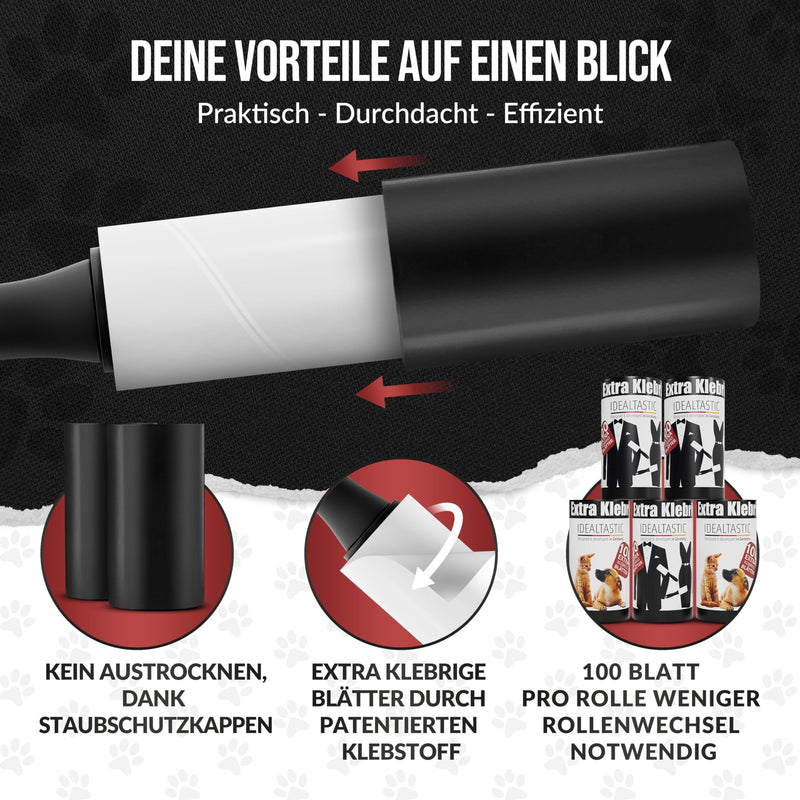IDEALTASTIC® lint roller for animal hair and clothing in a value pack with 2x handles and 5x100 sheets, lint remover for clothes, extra sticky, animal hair remover easy to change, lint brush + dust protection, value pack (1 roller + 5x100 sheets). - PawsPlanet Australia