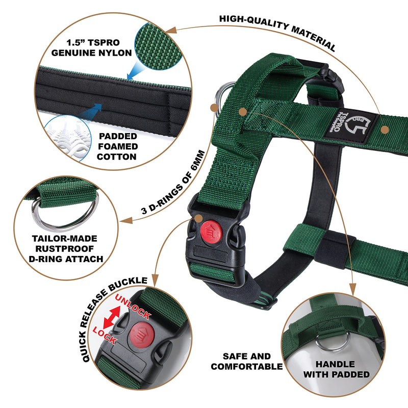 TSPRO Tactical Dog Harnesses with Handle, 1.5" Wide, Military Grade, Thick Padded and Durable, Quick Release Harness Buckle, Suitable for Medium to Large Dogs (Green-M) M-(Neck: 60-71cm, Chest: 59-80cm) Green - PawsPlanet Australia