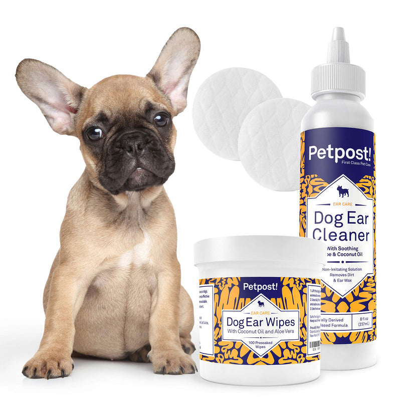 Petpost | Dog Ear Cleaner Kit - Natural Coconut Oil Solution - Best Remedy for Odor - Dog Ear Mites, Yeast and Infection Causing Wax - Chemical & Irritant Free (Dog Ear Cleaner & Dog Ear Wipes) - PawsPlanet Australia