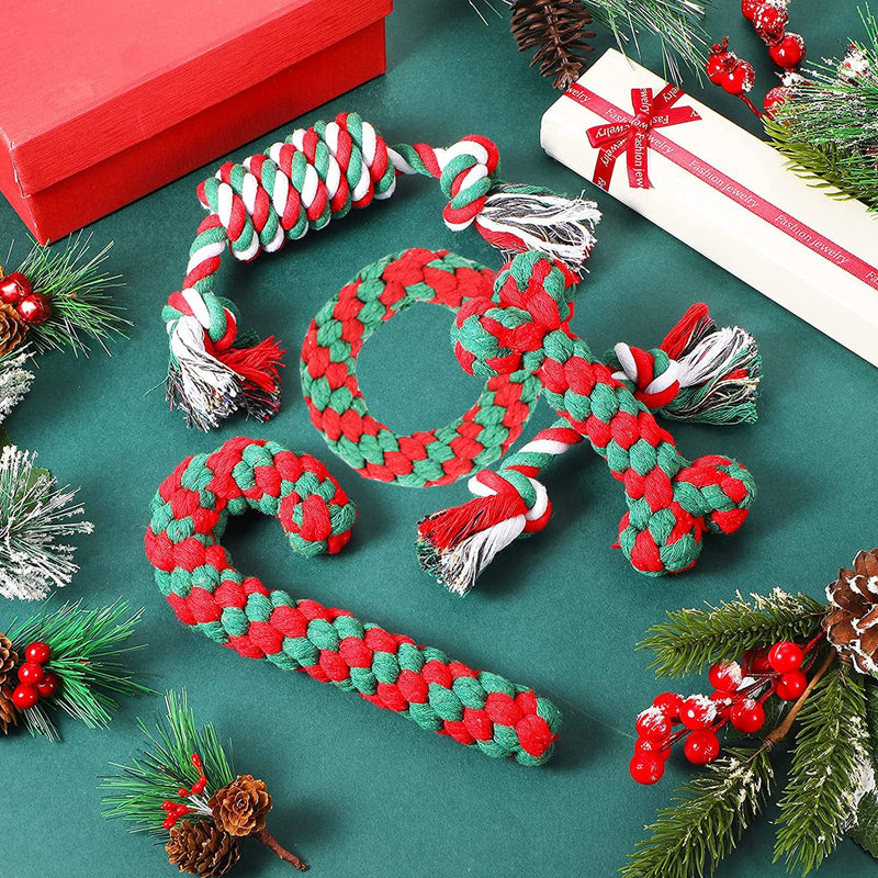 BINXWA Pack of 5 Dog Toys Christmas, Dog Toys Chew Natural Cotton Dog Toys Rope Dog Toys Candy Cane for Small and Medium Dogs Gift Christmas - PawsPlanet Australia