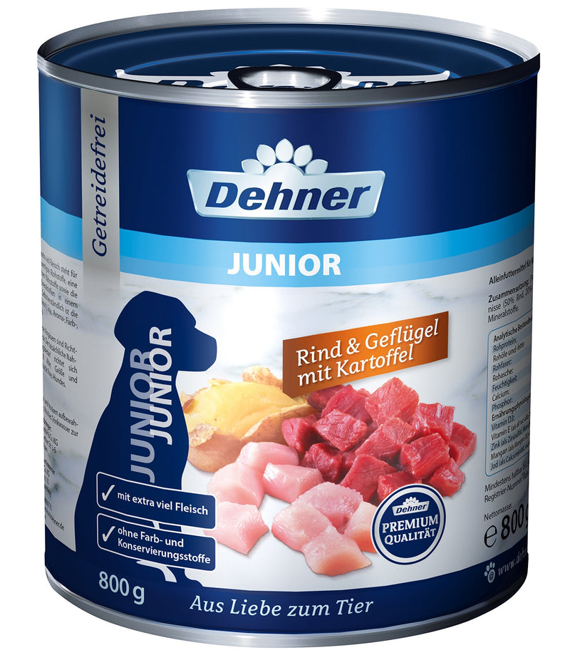 Dehner Premium Dog Food Junior, Beef, Poultry and Potato, 6 x 800 g (4.8 kg) Beef Poultry 800 g (Pack of 6) - PawsPlanet Australia