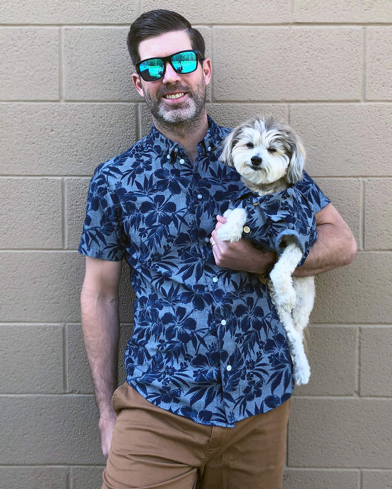 [Australia] - Dog Threads™ Cool Breeze BBQ Shirt Denim Floral Print Button Down Dog Shirt Navy L (chest 24"-28") 