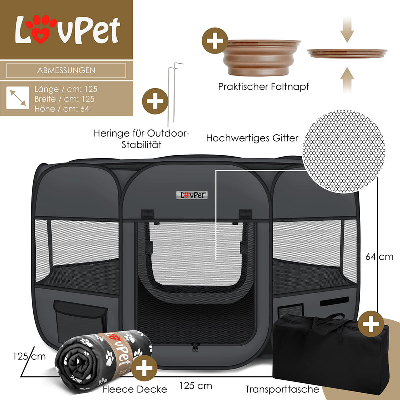 Lovpet® Puppy Playpen Animal Playpen Foldable for Small Animals Dogs, Cats Including Dog Bowl and Fleece Blanket Dog Playpen Outdoor Enclosure Oxford Fabric Pop-up System Indoor & Outdoor, Anthracite/Black Anthracite/Black - PawsPlanet Australia
