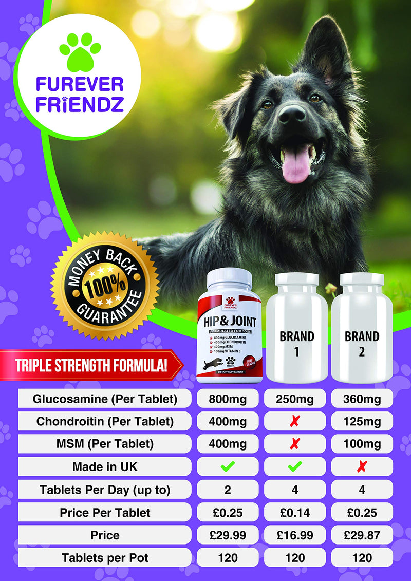 Glucosamine 800mg Advanced Dog Hip and Joint Support Supplements - With Chondroitin MSM & Vitamin C - Canine 120 Chewable Beef Flavoured Tablets • Furever Friendz Triple Strength - PawsPlanet Australia