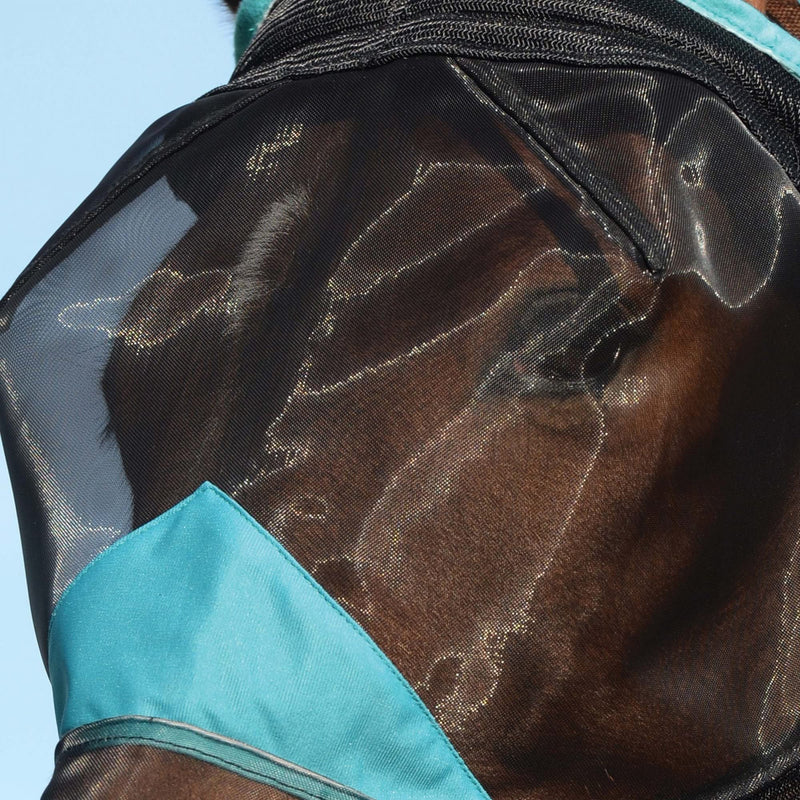 Weatherbeeta Comfitec DELUXE Fine Mesh Mask With Ears & Tassels - Black/Turquoise Small Pony - PawsPlanet Australia