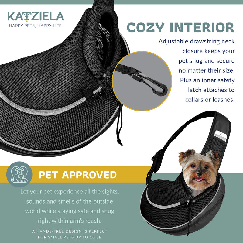 Katziela Pet Carrier Sling Bag - Small Dog, Puppy and Cat Carrier Front Shoulder Backpack w/Harness Strap - Carrying Pouch for ESA, Airline Approved Animal Travel - PU Leather Bottom, Mesh Pocket Black - PawsPlanet Australia