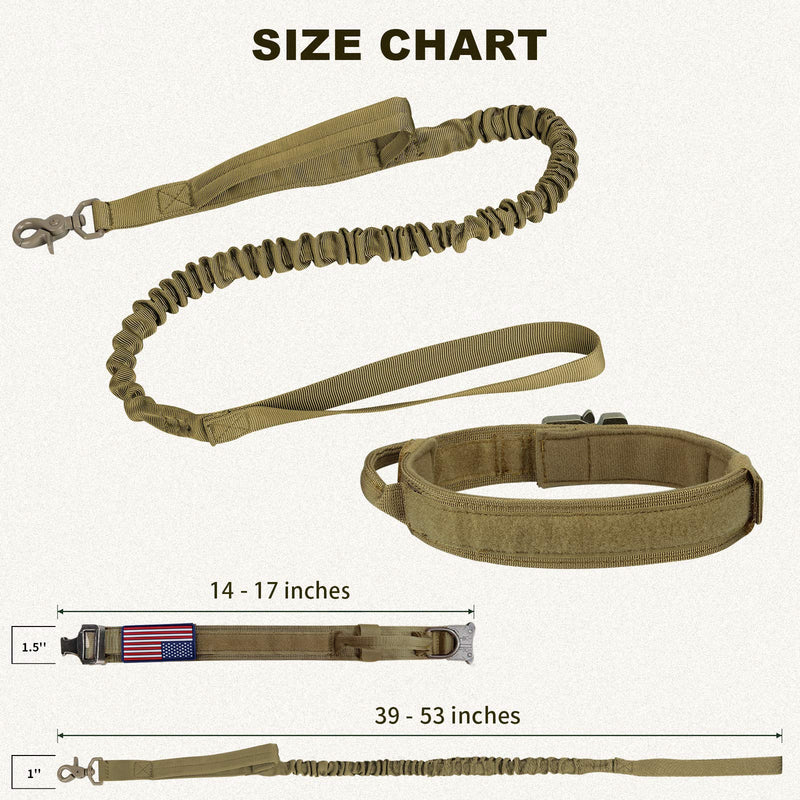 Tactical Dog Collar and Bungee Leash, Military Dog Collar & Leash Set with USA American Flag Coyote Brown Adjustable K9 Collar with Heavy Duty Metal Buckle & Handle for Medium Large Dogs(M, Brown) - PawsPlanet Australia