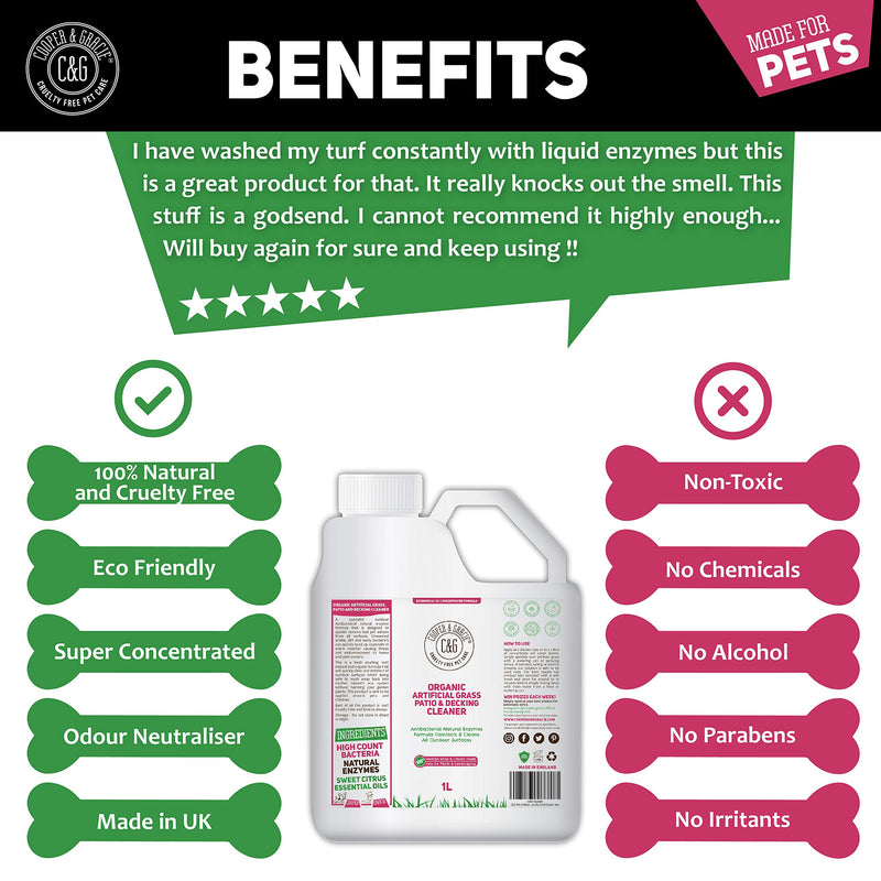 C&G Pets | Organic Artificial Grass, Patio And Decking Cleaner | Destroys Pet Cat Dog Urine Smells | Antibacterial Natural Enzymes Disinfectant Will Totally Destroy Outdoor Urine Stains 1 Litre 1 l (Pack of 1) - PawsPlanet Australia