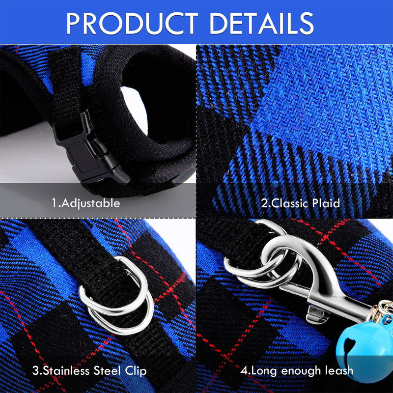 2 Pieces Guinea Pig Harness and Leash Soft Plaid Small Pet Harness with Safety Bell Adjustable No Pulling Comfort Padded Walking Vest for Ferret Chinchilla and Similar Small Animals (S) S - PawsPlanet Australia