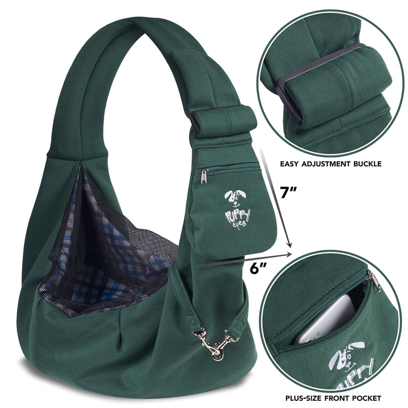 Puppy Eyes Waterproof Pet Carrier Sling Comfortable and Adjustable Dog Sling Ideal for Small and Medium Dogs up to 16 Pounds - Lightweight and Easy-Care Dog Carrier with Safety Mesh and Safety Leash Green - PawsPlanet Australia