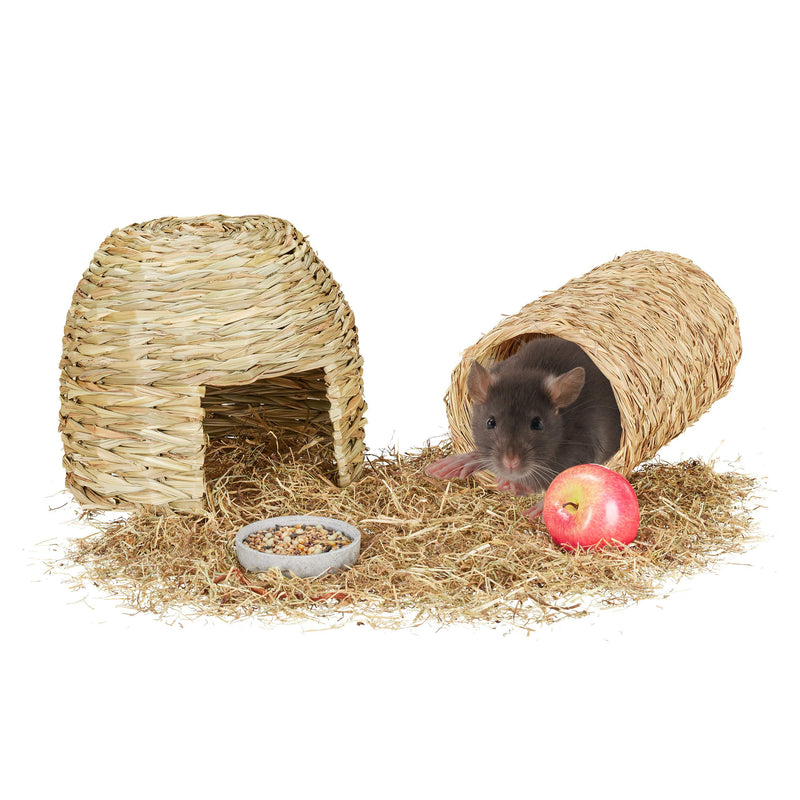 Relaxdays small animal accessories, 2 pieces. Set, grass house & tunnel, cage accessories rodents, guinea pigs, dwarf rabbits, nature - PawsPlanet Australia