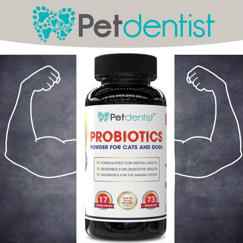 Petdentist Probiotics Powder for Cats and Dogs, 17 Bacterial Strains 73 Billion CFU’s Supplement for Pets Dental Care, Gums, Bad Breath, Dog Digestion, Skin Coat and Immunity Support, Made in UK-90g - PawsPlanet Australia