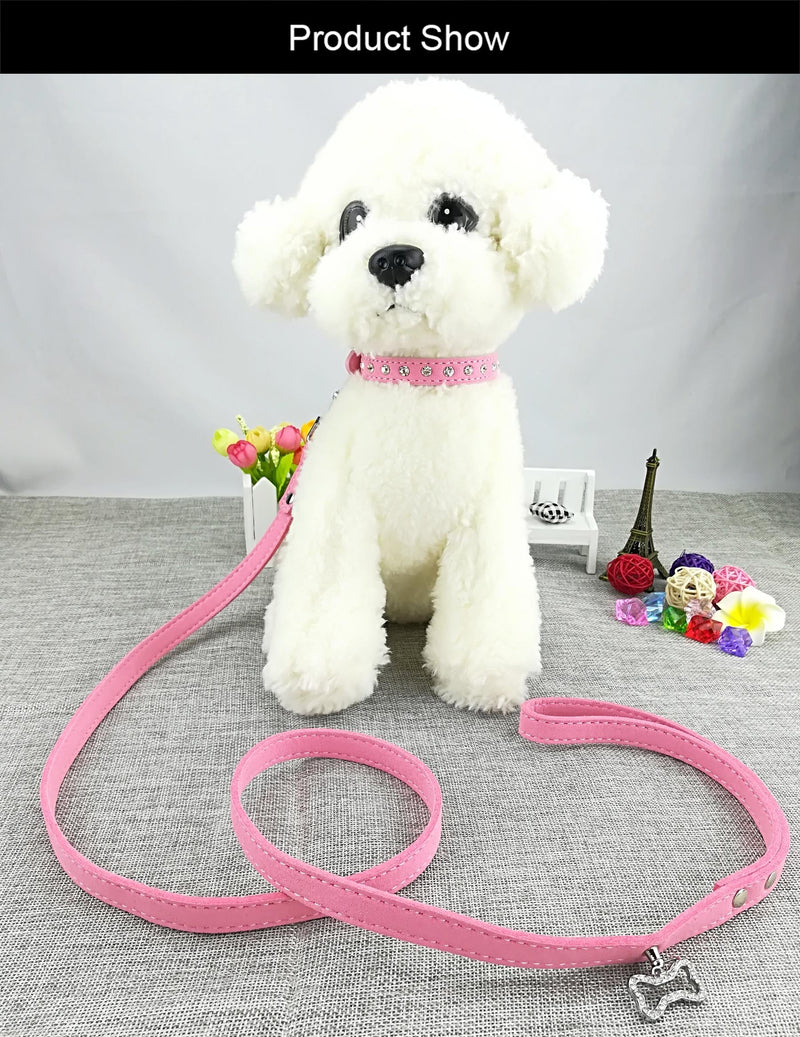 Newtensina Cute Diamante Puppy Collar and Leash Set Bling Suede Collar with Lead for Small Dogs Cats - Pink - S - PawsPlanet Australia