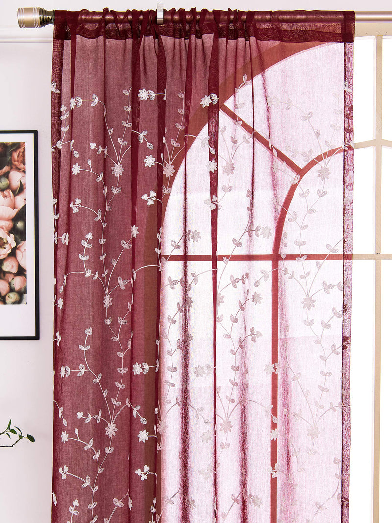 AmHoo 2 Panels Leaf Flora Embroidered Farmhouse Semi Sheer Curtain Voile Curtains for Living Room Bedroom Window Treatment Burgundy Red 53 x 63 Inch - PawsPlanet Australia