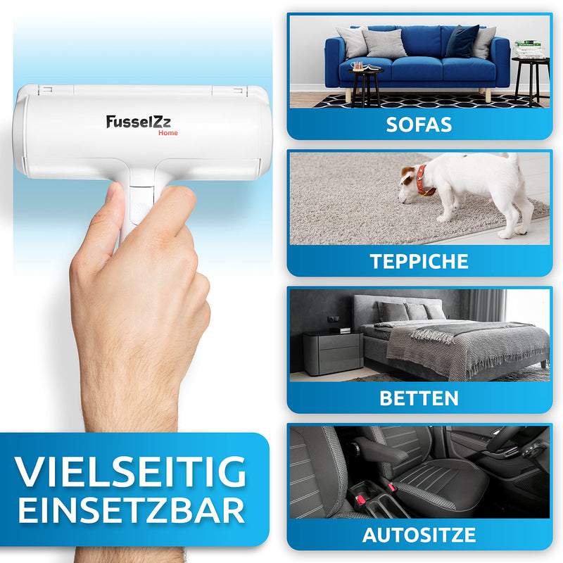 FusselZz® Home Premium Lint Roller Pet Hair - Self-cleaning pet hair remover for removing cat hair & dog hair, reusable cat hair remover on sofa, clothes, carpet & bed white - PawsPlanet Australia