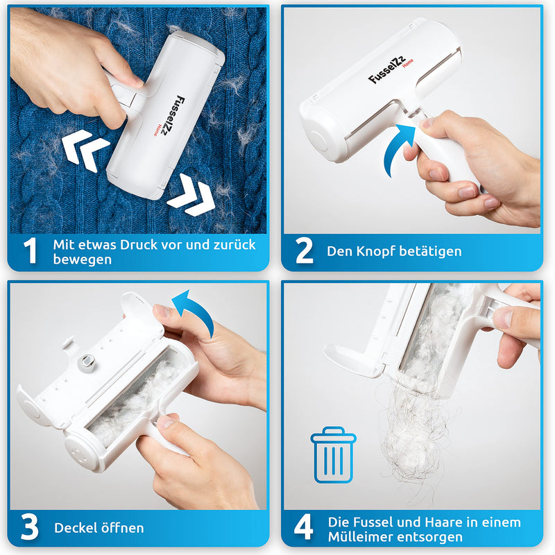 FusselZz® Home Premium Lint Roller Pet Hair - Self-cleaning pet hair remover for removing cat hair & dog hair, reusable cat hair remover on sofa, clothes, carpet & bed white - PawsPlanet Australia