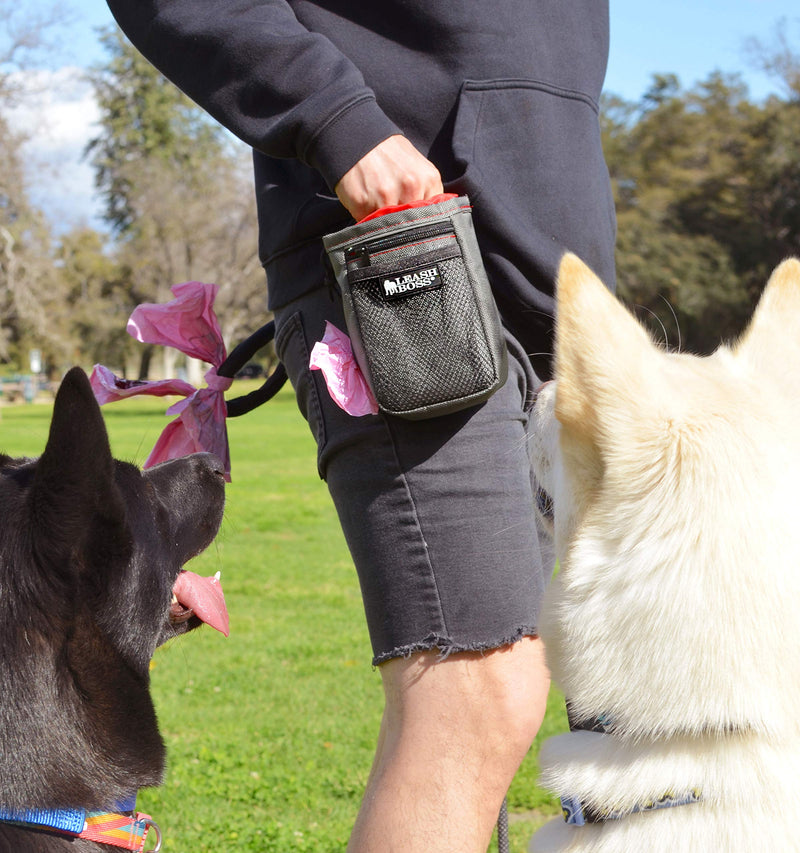 [Australia] - Leashboss Dog Treat Pouch for Training with Poop Bag Dispenser, Waist Attachment or Belt Loop Grey/Red/Black Standard 