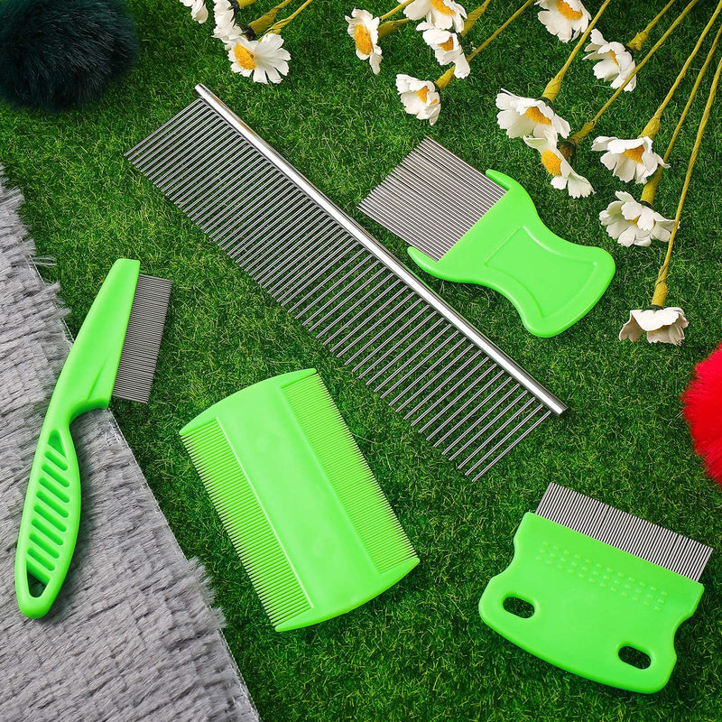 5 Pieces Dog Flea Comb Pets Grooming Comb Kit for Small Dogs Puppies Stainless Steel Teeth Dog Comb Tear Stain Remover Comb 2-in-1 Dog Combs with Round Teeth to Remove Knots Crust Mucus (Green) Green - PawsPlanet Australia