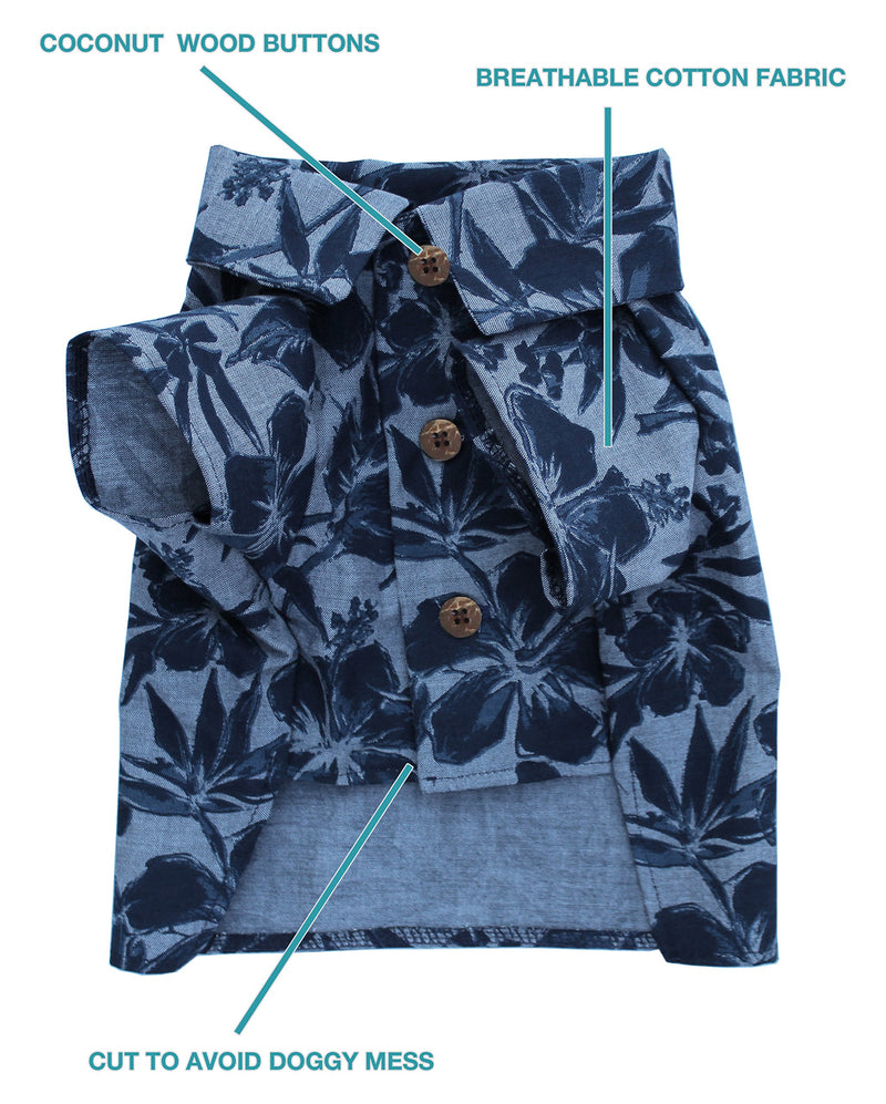 [Australia] - Dog Threads™ Cool Breeze BBQ Shirt Denim Floral Print Button Down Dog Shirt Navy L (chest 24"-28") 