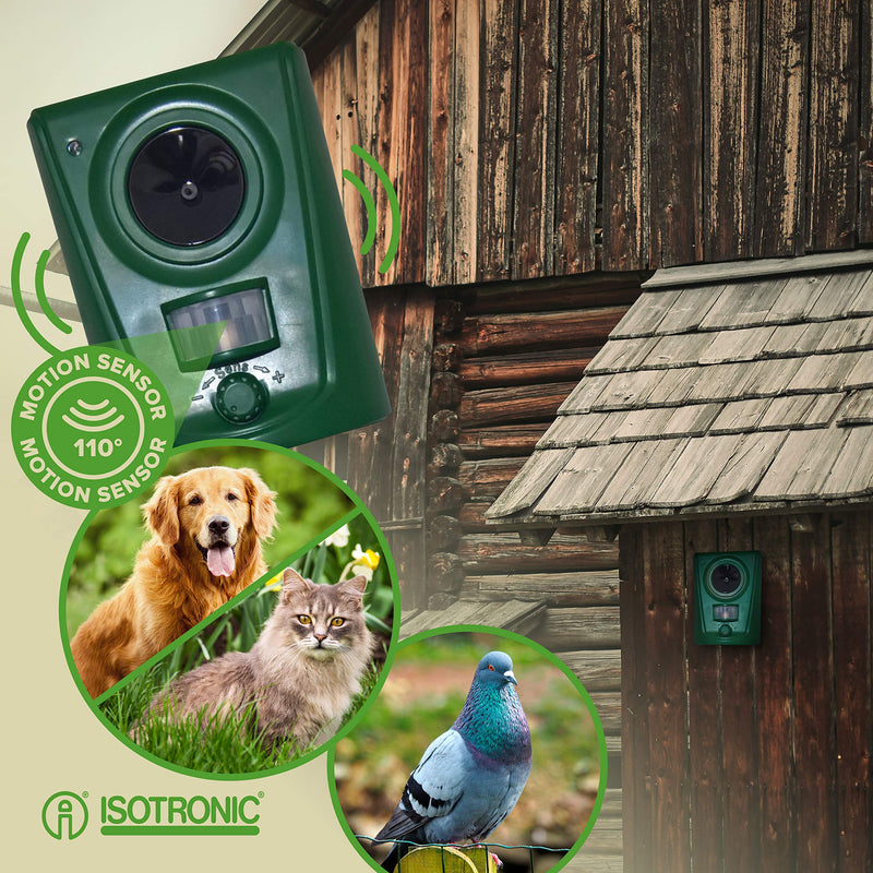 ISOTRONIC ultrasonic solar animal repeller, cat deterrent, marten deterrent up to 10m range, motion detector, weatherproof IP44, frequency 16-60 kHz (green) - PawsPlanet Australia
