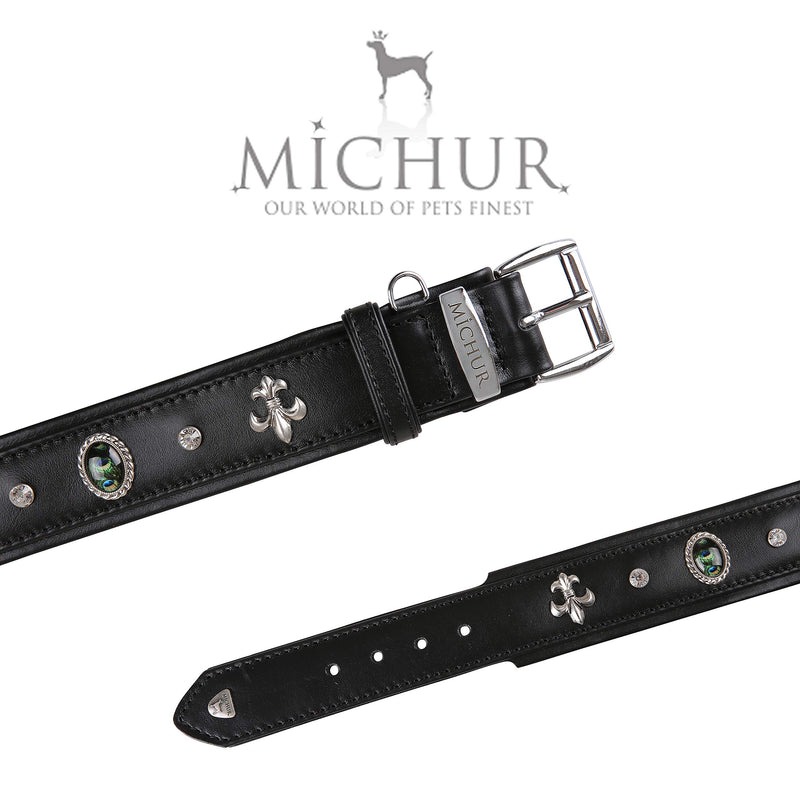 MICHUR El Pavo Dog Collar Leather, Leather Collar Dog, Collar, Black, LEATHER, with lilies, rhinestones and big peacock eye Neck circumference 20,47-22,83" - PawsPlanet Australia