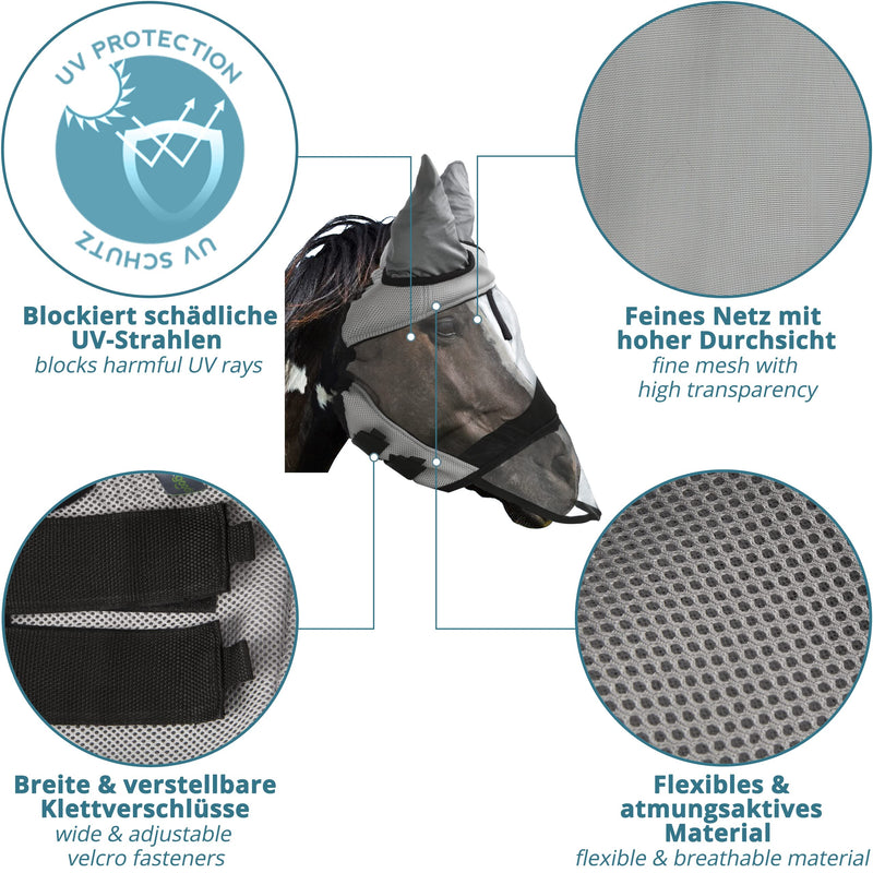 valuents fly mask for horses in gray - fly hood - nostril protection - UV protection - in 4 sizes for thoroughbred +Plus: horse brush M - thoroughbred - PawsPlanet Australia