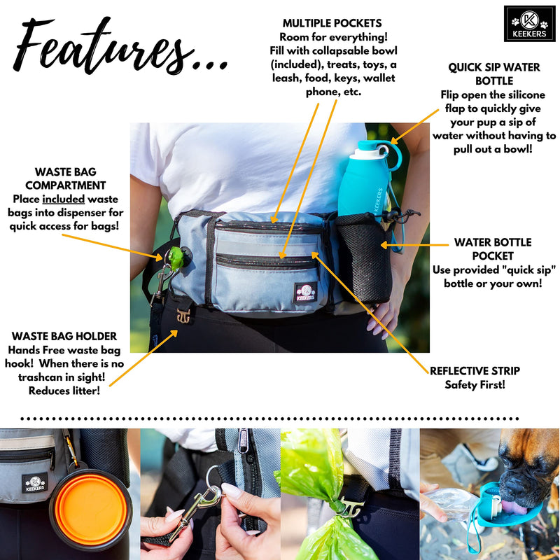 Keekers Handy 4-in-1 Dog Treat Pouch Kit - Fanny Pack with Water Bottle Holder, 20 oz Dog Water Bottle with Foldable Cup, 1 Roll of Waste Bags, and Collapsible Portable Dog Bowl Teal - PawsPlanet Australia