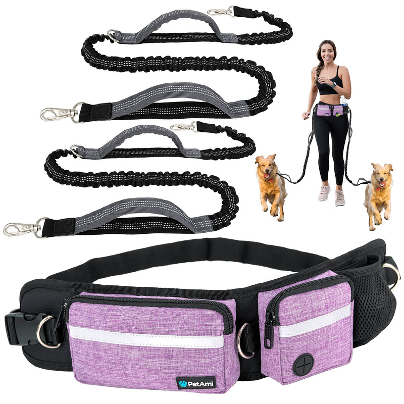 PetAmi Hands Free Dog Leash, Dog Running Leash Belt Bag for Walking, Jogging, Dog Waist Double Zipper Pouch with Poop Bag Dispenser, Dual Padded Handles Reflective Bungee Leash, Double 2 Leashes Turquoise - PawsPlanet Australia