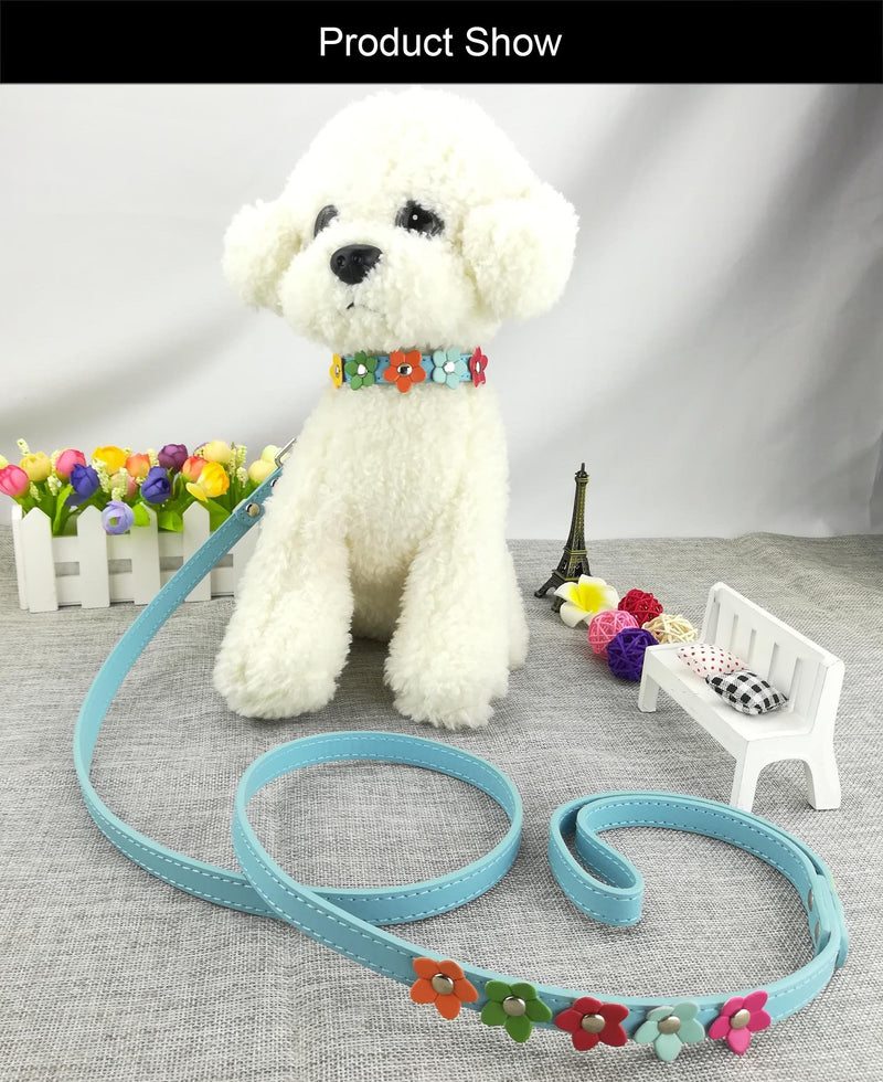 Newtensina Stylish Dog Collar and Lead Set Dog Collar Girl Flower Puppy Collars Leashes for Small Dogs with Flower - Blue - XS - PawsPlanet Australia