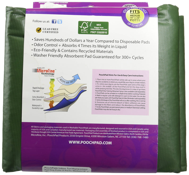 [Australia] - Pooch Pads Indoor Turf Replacement Pad Dog Potty (3 Pack), Medium/18" x 28" 