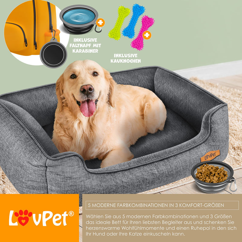 Lovpet® dog bed, dog cushion, dog basket, chiller, including bowl + 3 x chewing bones, dog sofa cushion for small, medium and large dogs, cover removable and washable, L 90 x 75 x 25 cm, gray L (90 x 75 x 25 cm) - PawsPlanet Australia