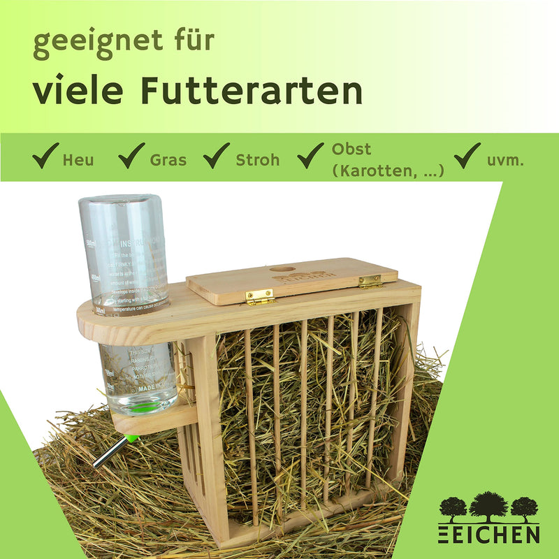 Three Oaks® hay rack including height-adjustable drinking bottle. For guinea pigs, rabbits, hares, hamsters and much more. Untreated FSC wood. Perfect for small animal stables, rabbit accessories, rodent drinking bottle - PawsPlanet Australia