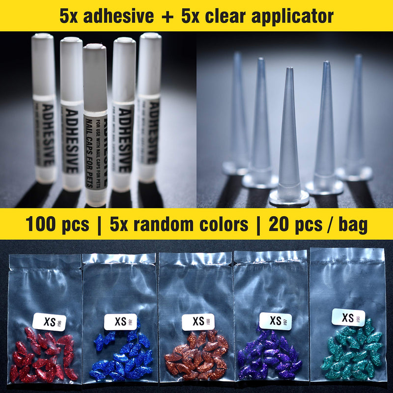 [Australia] - zetpo 100 pcs Cat Claw Covers | Cat Nail Caps | Different Random Colors with Adhesives and Applicators XS Glitter Colors 