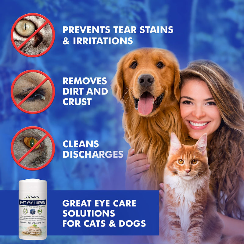 Arava Pet Eye Wipes - for Dogs Cats Puppies & Kittens - 100 Count - Natural and Aromatherapy Medicated - Removes Dirt Crust and Discharge - Prevents Tear Stain Infections & Irritations - Soft & Gentle - PawsPlanet Australia