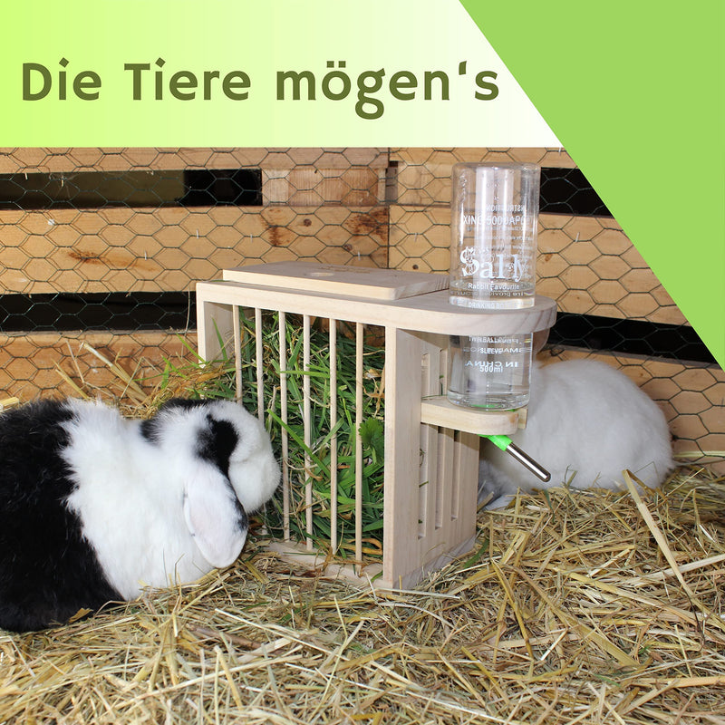 Three Oaks® hay rack including height-adjustable drinking bottle. For guinea pigs, rabbits, hares, hamsters and much more. Untreated FSC wood. Perfect for small animal stables, rabbit accessories, rodent drinking bottle - PawsPlanet Australia