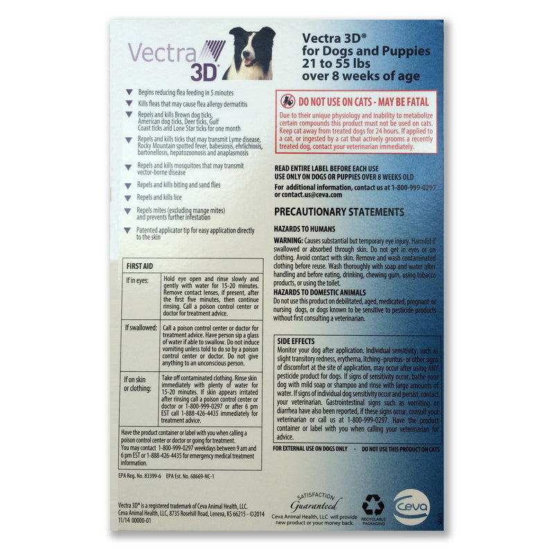 VECTRA 3D 6 Pack Blue for Medium Dogs 21-55 Pounds USA Version EPA Registered (Controls Fleas, Ticks, Mosquitoes, Lice, Mites, and Sand Flies) - PawsPlanet Australia