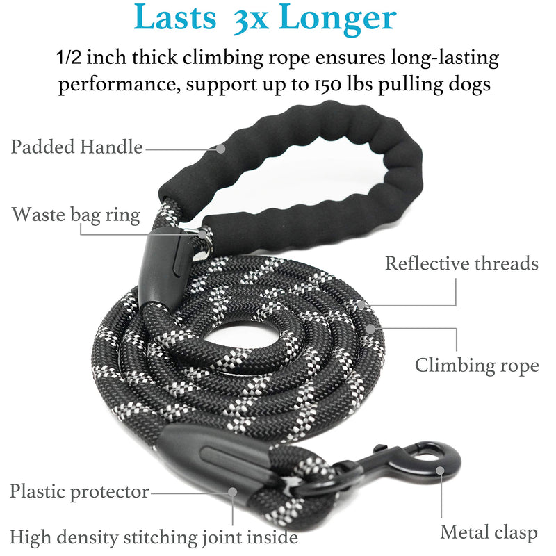 [Australia] - iYoShop 6 FT Strong Dog Leash with Comfortable Padded Handle and Highly Reflective Threads Dog Leashes for Medium and Large Dogs up to 150 lbs 6FT Black/White 