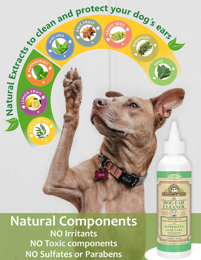 Dog Ear Cleaner. All Natural Ear Wax Remover Solution for Dogs, Puppies and Cats. Otic Wash Drops with Peppermint Aroma. Aide in Pet Ears Mite and Infection Treatment. Excel Ear Wax Cleaner Wipes. - PawsPlanet Australia