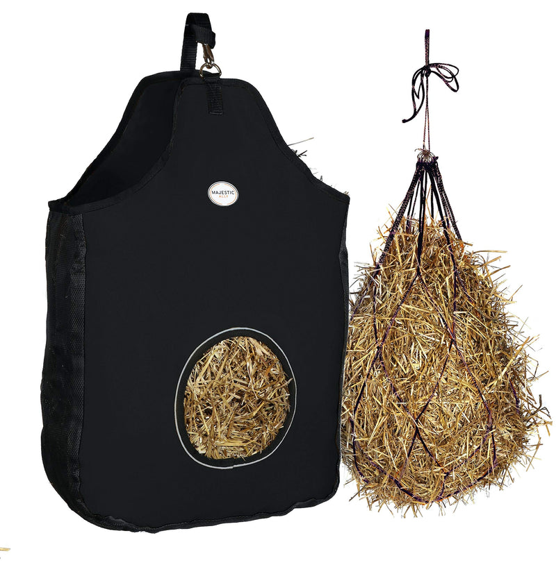 Majestic Ally 1200 D Hay Feeder Tote Bag for Horses, Sheep – Premium Quality Nylon Mesh - Reflective Trim- Simulates Grazing - Reduces Waste - Comes with 36” Hay Net. Black - PawsPlanet Australia