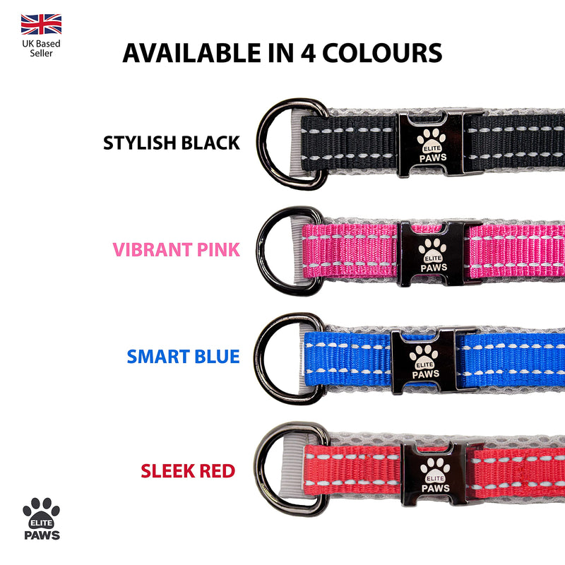 Elite Paws® UK. Premium Dog Collar Metal Buckle, Soft Padded Mesh, Reflective, Strong, Adjustable. Puppy Puppies XS Small Medium Large Extra XL Boy Girl Male Female Pet Breed (25cm-30cm Black/ Grey) Neck: 25cm-30cm - PawsPlanet Australia