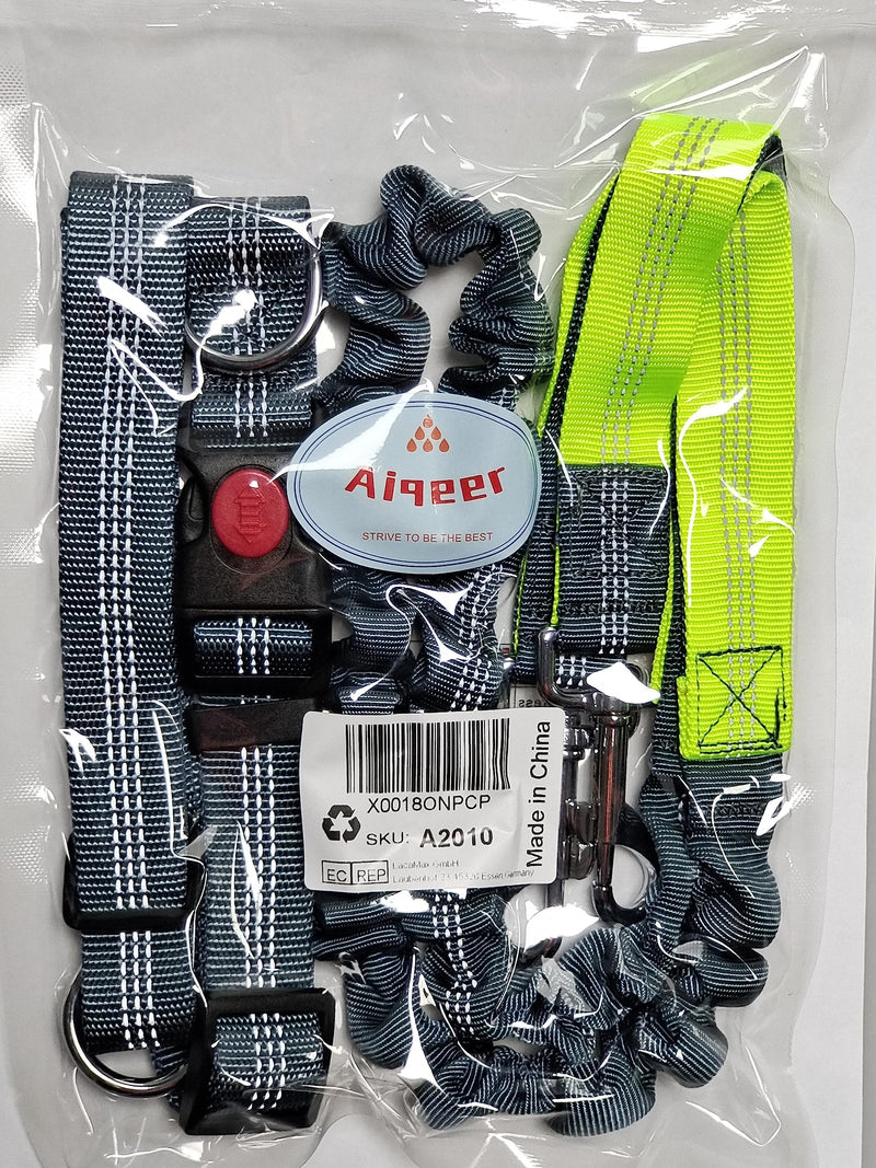 Aiqeer Gray Hands-Free Dog Lead, Adjustable Waist Belt and Stretchy Bungee Lead, Jogging Dog Lead with Reflective Stitching (Green Handle) - PawsPlanet Australia