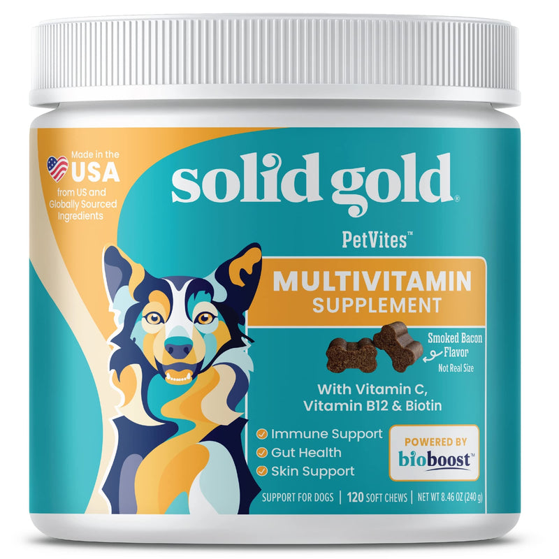 Solid Gold Dog Multivitamin - Bacon Flavored Dog Vitamins Chewable Supplement - Pumpkin & Probiotics for Digestive Support - Biotin for Healthy Skin & Coat - Vitamin C for Immune Support - 120 Count 120 Count (Pack of 1) - PawsPlanet Australia