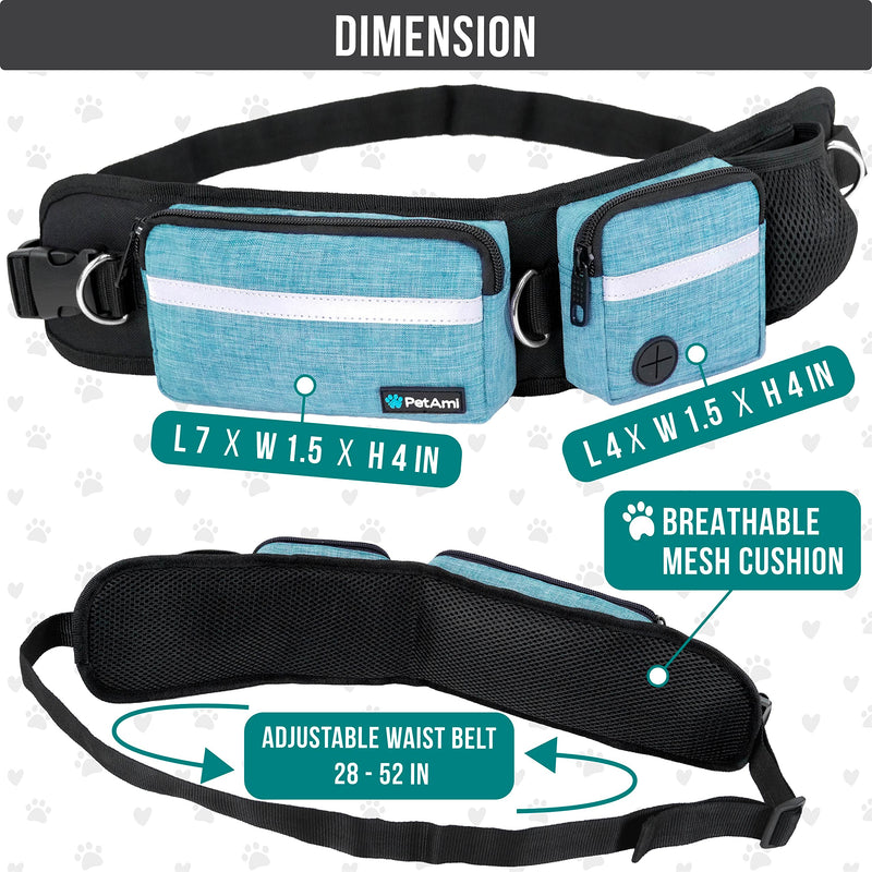 PetAmi Hands Free Dog Leash, Dog Running Leash Belt Bag for Walking, Jogging, Dog Waist Double Zipper Pouch with Poop Bag Dispenser, Dual Padded Handles Reflective Bungee Leash, Double 2 Leashes Turquoise - PawsPlanet Australia