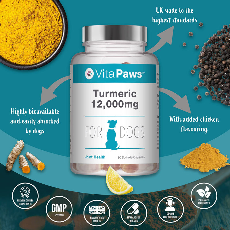 Curcumin/Turmeric 180 Capsules for Dogs 1500mg with Piperine | Popular Supplement for Joint Support | Manufactured in The UK - PawsPlanet Australia