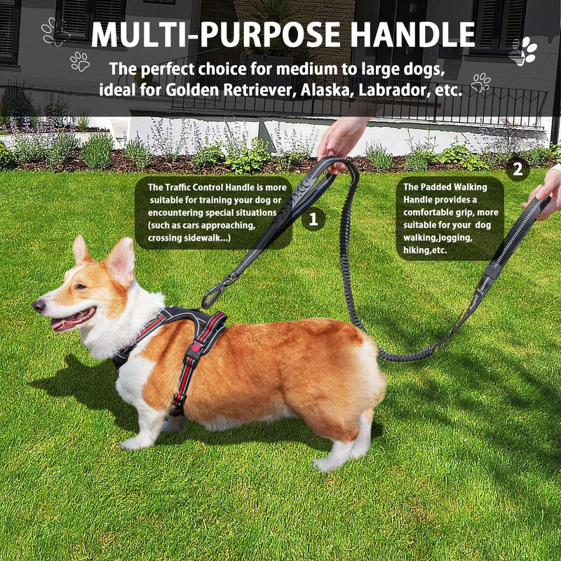 Tactical Highly Reflective Heavy Duty Dog Leash for Medium Large Dogs,4-in-1 No Pull Military Shock Absorbing Elastic Bungee Leashes with Car Seat Belt Buckle & Padded Training Traffic Handle Black - PawsPlanet Australia