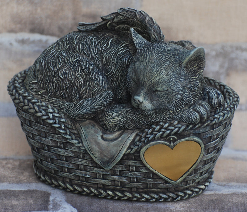 Cat urn gray as a cat angel figure and engraving plate, animal urn - PawsPlanet Australia