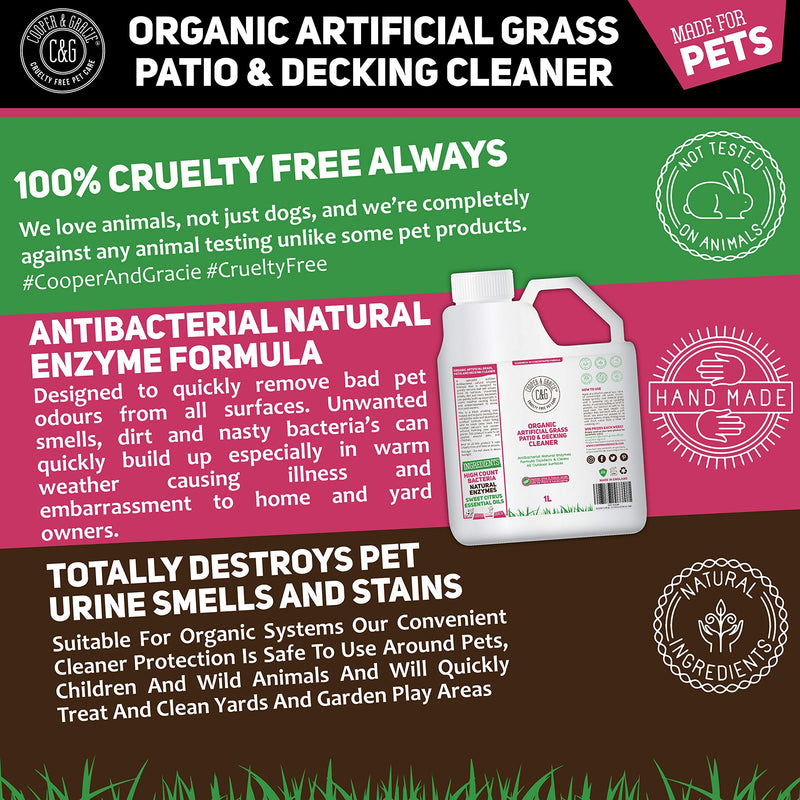 C&G Pets | Organic Artificial Grass, Patio And Decking Cleaner | Destroys Pet Cat Dog Urine Smells | Antibacterial Natural Enzymes Disinfectant Will Totally Destroy Outdoor Urine Stains 1 Litre 1 l (Pack of 1) - PawsPlanet Australia