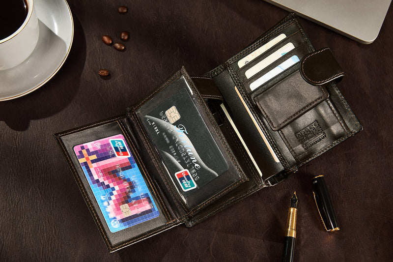 BRASS TACKS Leathercraft Vintage Handmade Full Leather Vertical Tri-Fold Wallet for Women RFID Blocking Small Multi Card Case Wallet Brown - PawsPlanet Australia